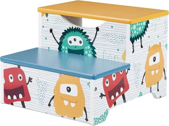 Scaffale per bambini con design mostro, due gradini, 25 cm di altezza, in MDF per la zona bagno, colore blu e verde.