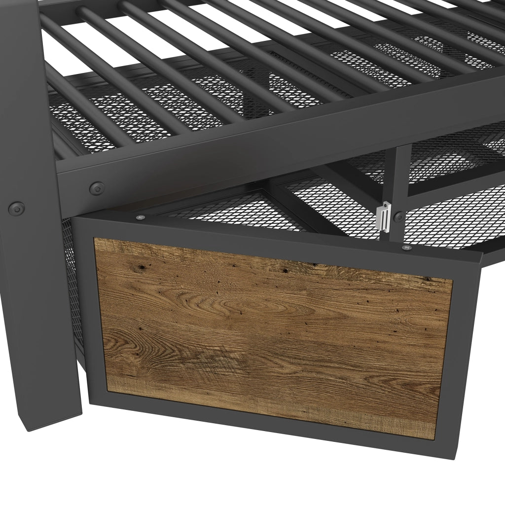 Letto a castello 3 posti 90×200 cm e 140×200 cm con scarpiera e vani; senza materasso; in metallo nero