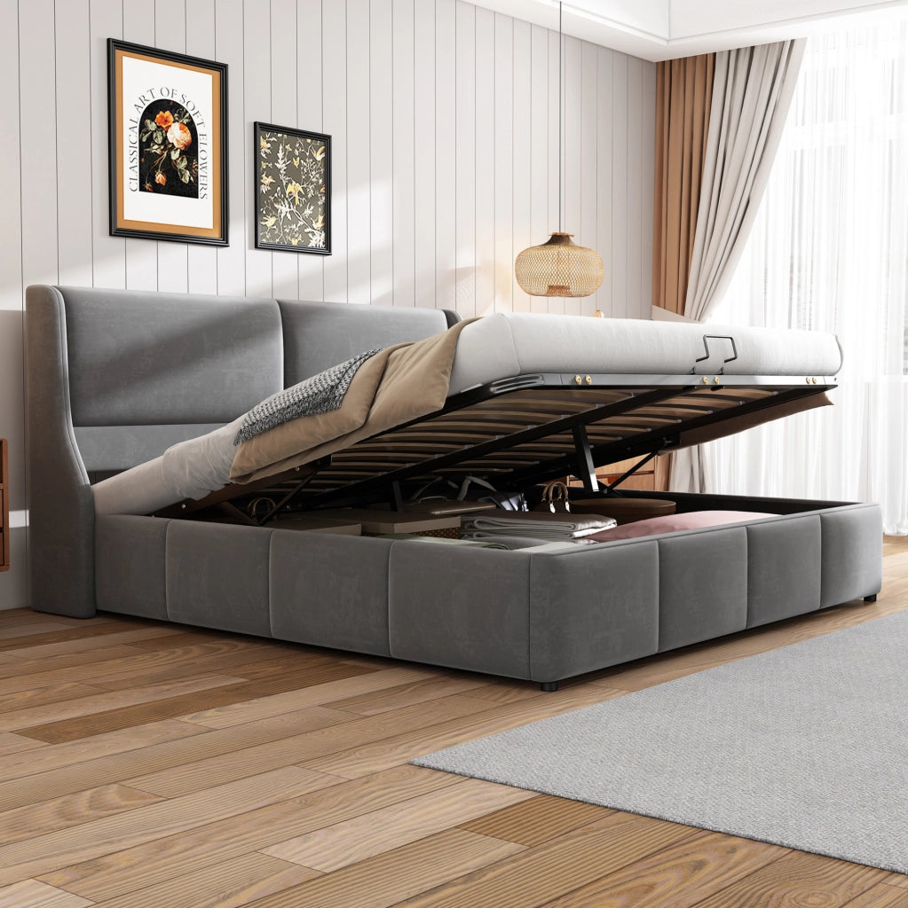 Letto imbottito con contenitore; rete a doghe; 180x200 cm; velluto grigio
