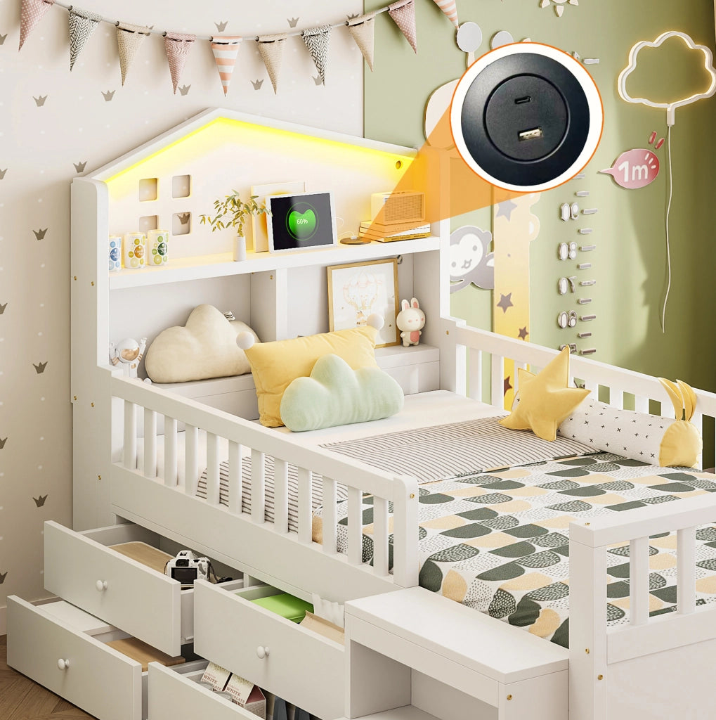 Lettino per bambini 90x200 cm con sponde; 4 cassetti; scala laterale; LED e porte USB; bianco in legno massello