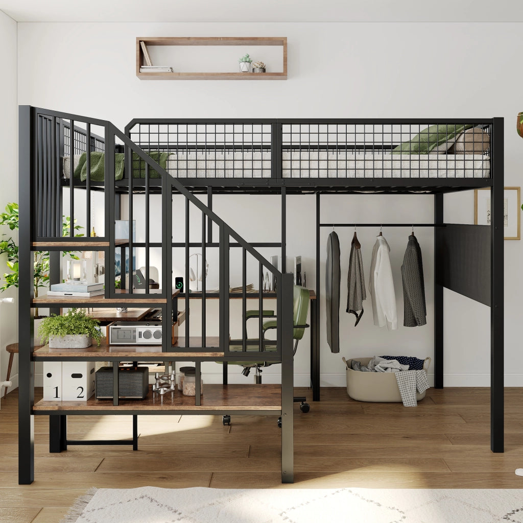 Letto a soppalco 140 x 200 cm in metallo nero con scrivania a L e scala a gradini per cameretta