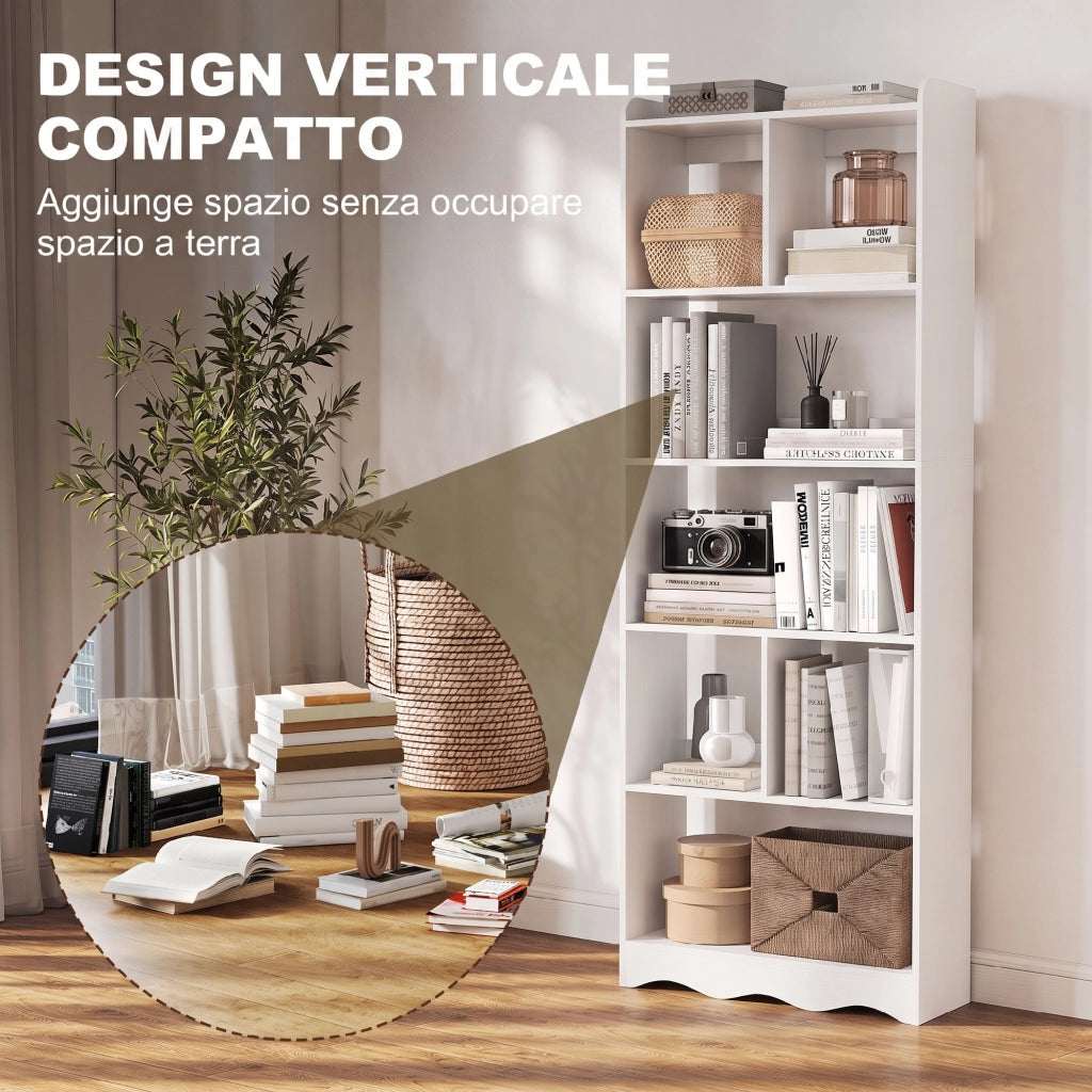 Libreria bianca a 6 ripiani aperti in pannello truciolare melaminico; verticale salvaspazio per soggiorno e studio