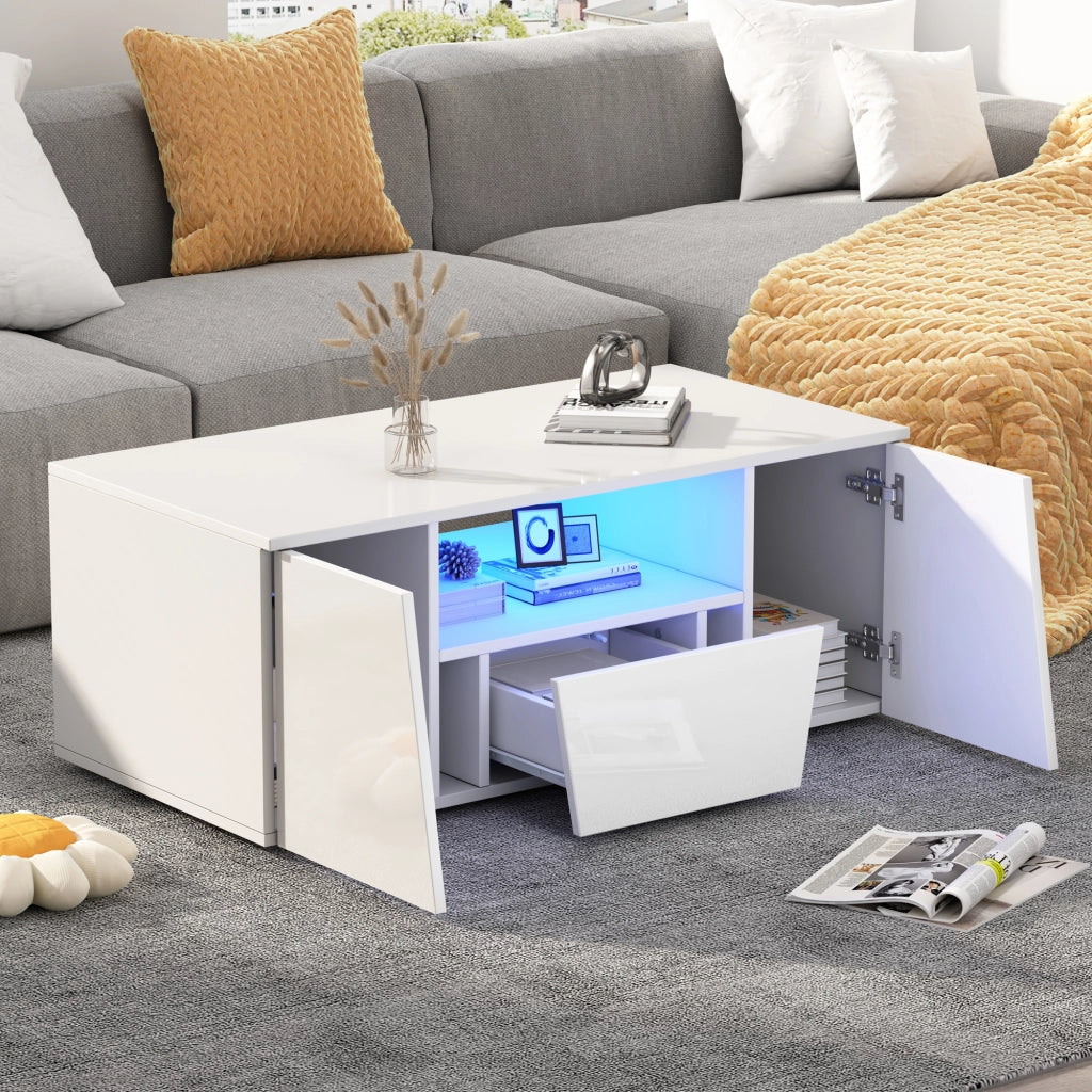 Tavolino da salotto LED con 2 ante, 1 cassetto e vano aperto, design irregolare moderno, bianco, 100 × 50 × 40 cm