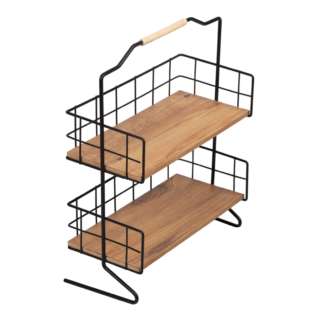 Scaffale Autoportante 'Sallingsund' Organizzatore Decorativa in Metallo con 2 Ripiani in MDF Portaoggetti per Bagno Cucina - Nero / Effetto Legno [en.casa]