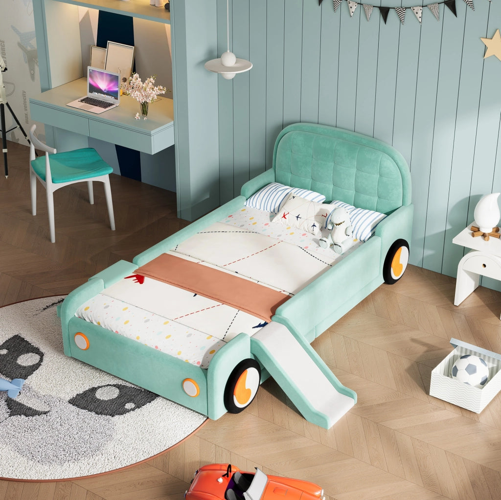 Letto bambino a forma di auto con scivolo e scala reversibili; 90x200 cm; velluto; blu-verde