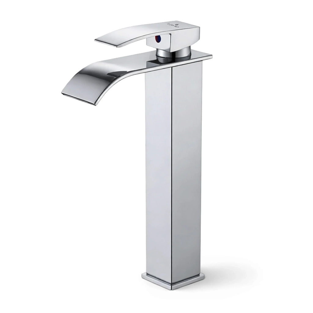 Rubinetto lavabo alto a cascata cromato da appoggio miscelatore bagno EVIO