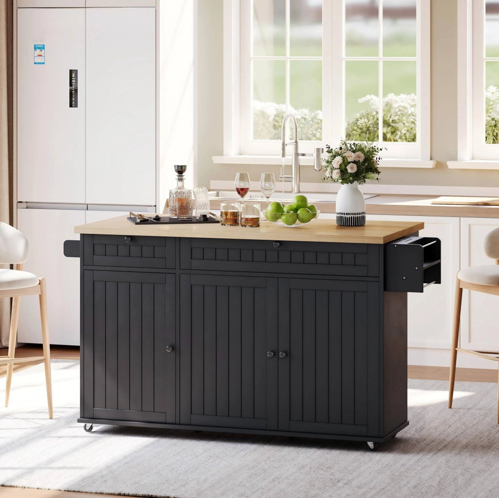 Isola da cucina mobile 137x70x89;5 cm con piano pieghevole in MDF nero e naturale