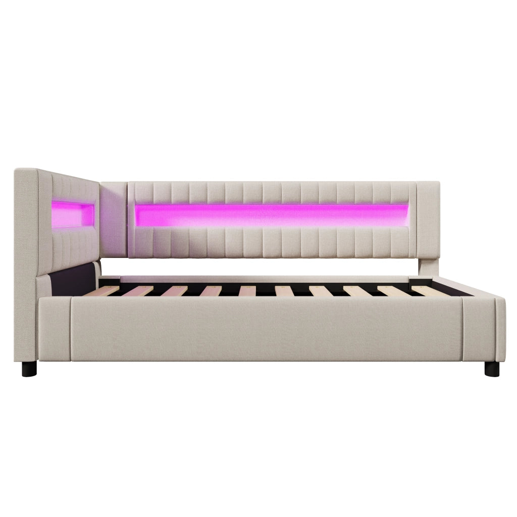 Letto da giorno 90 × 200 cm con vano contenitore idraulico LED USB e USB-C in lino beige