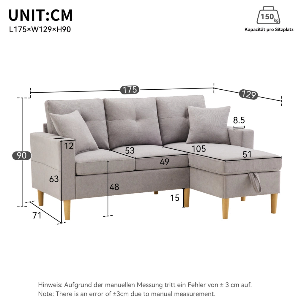 Divano angolare ULEVR 3 posti 175x129 cm con chaise longue reversibile, vano contenitore e portabevande, grigio chiaro