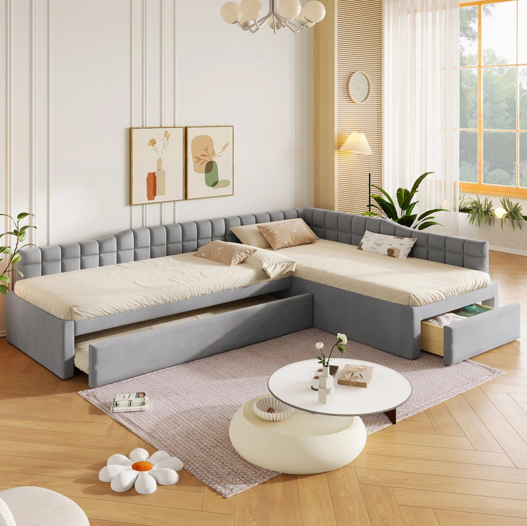 LETTO Imbottito a L 90x200 cm con Letto Estraibile e Cassetti Grigio