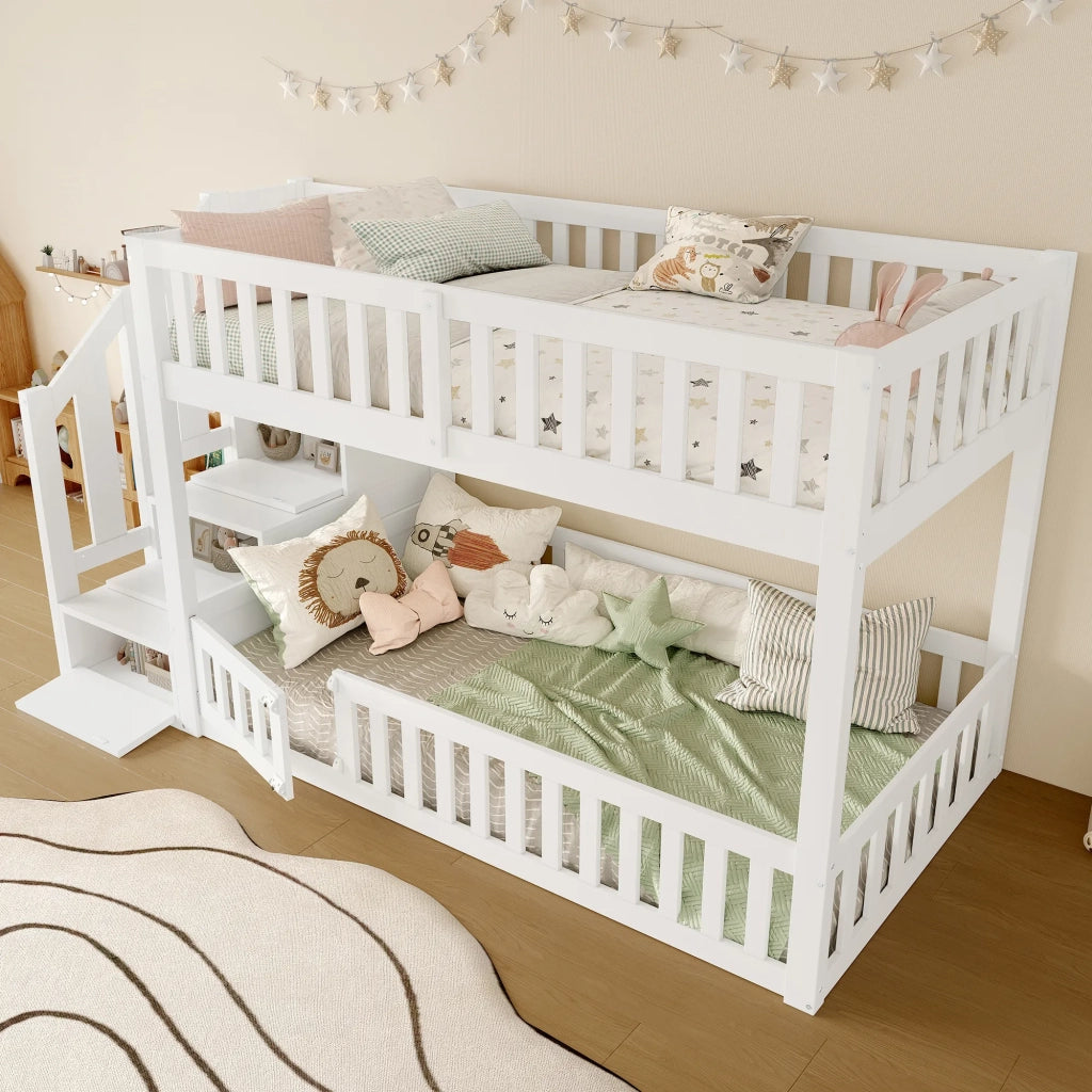 Letto a castello 90x200 cm, bianco, con scala dotata di spazio contenitore