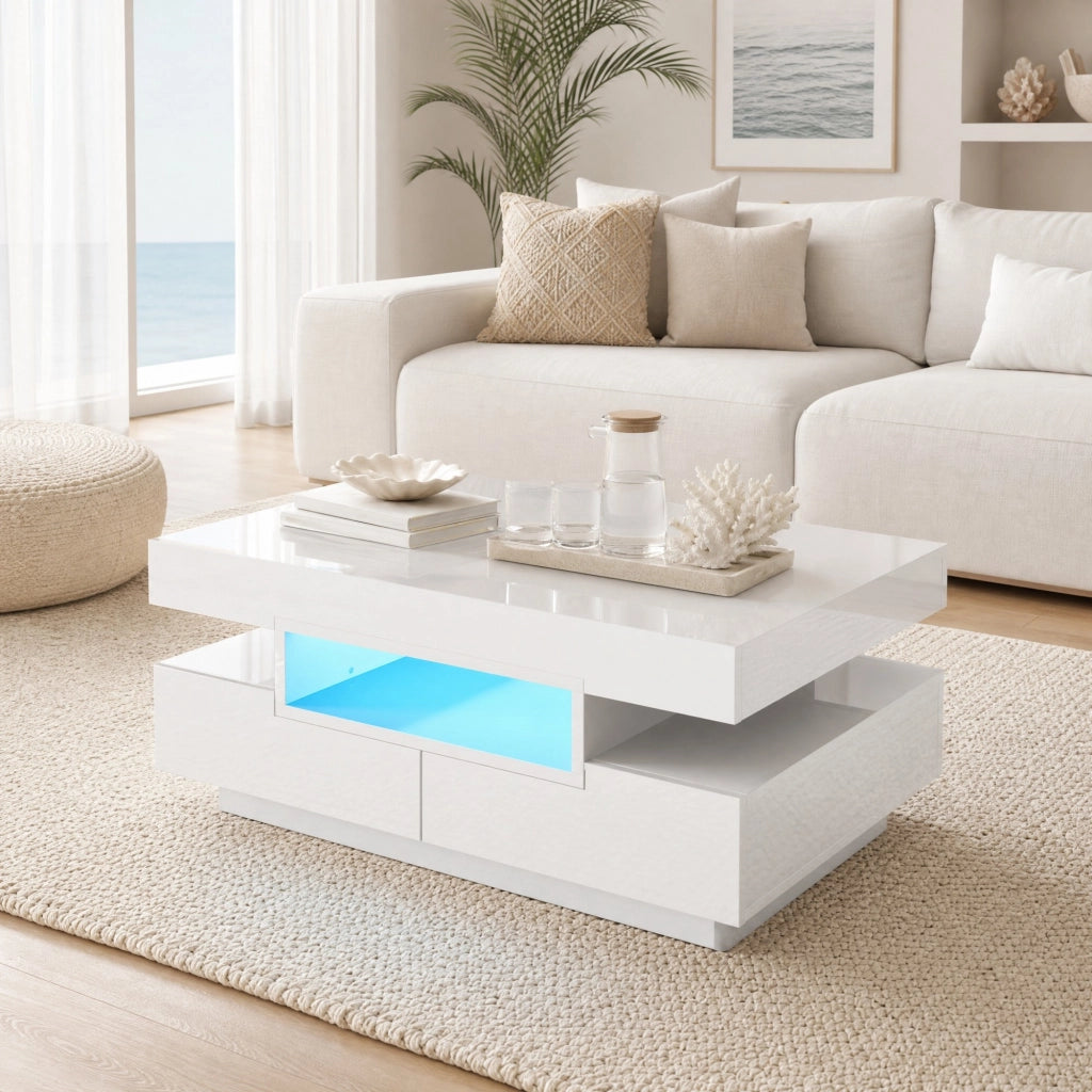 Tavolino da caffè moderno 80x50x36 cm bianco lucido con LED e 4 cassetti