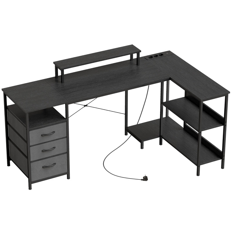 Scrivania a forma di L, scrivania ad angolo reversibile con cassetti e ripiani, 170 cm, nera