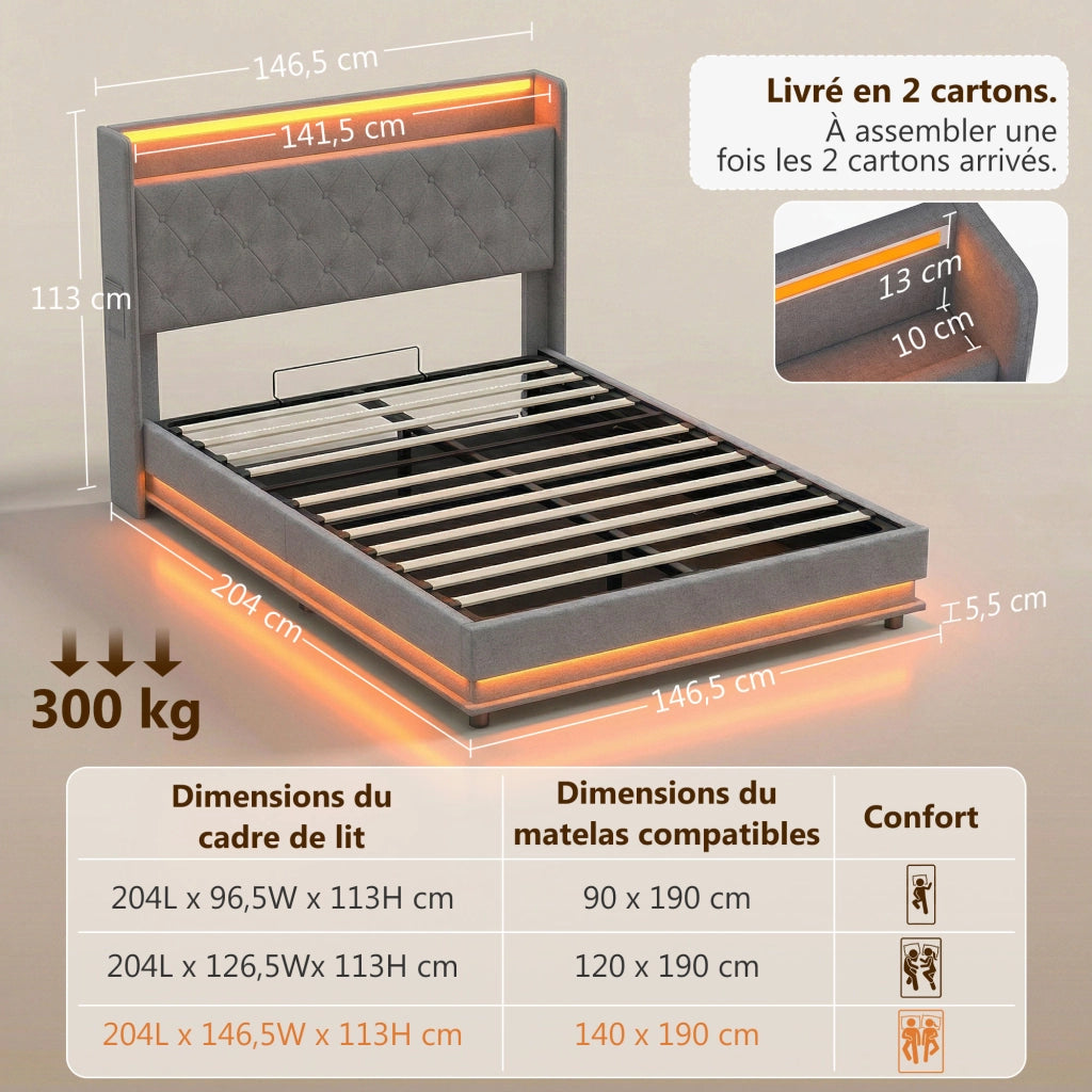 Letto contenitore matrimoniale imbottito 140x190 con LED e ricarica USB ¨C Xylo ¨C grigio tessuto