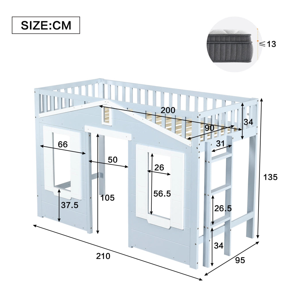 Letto a castello per bambini con scala reversibile e finestra decorativa