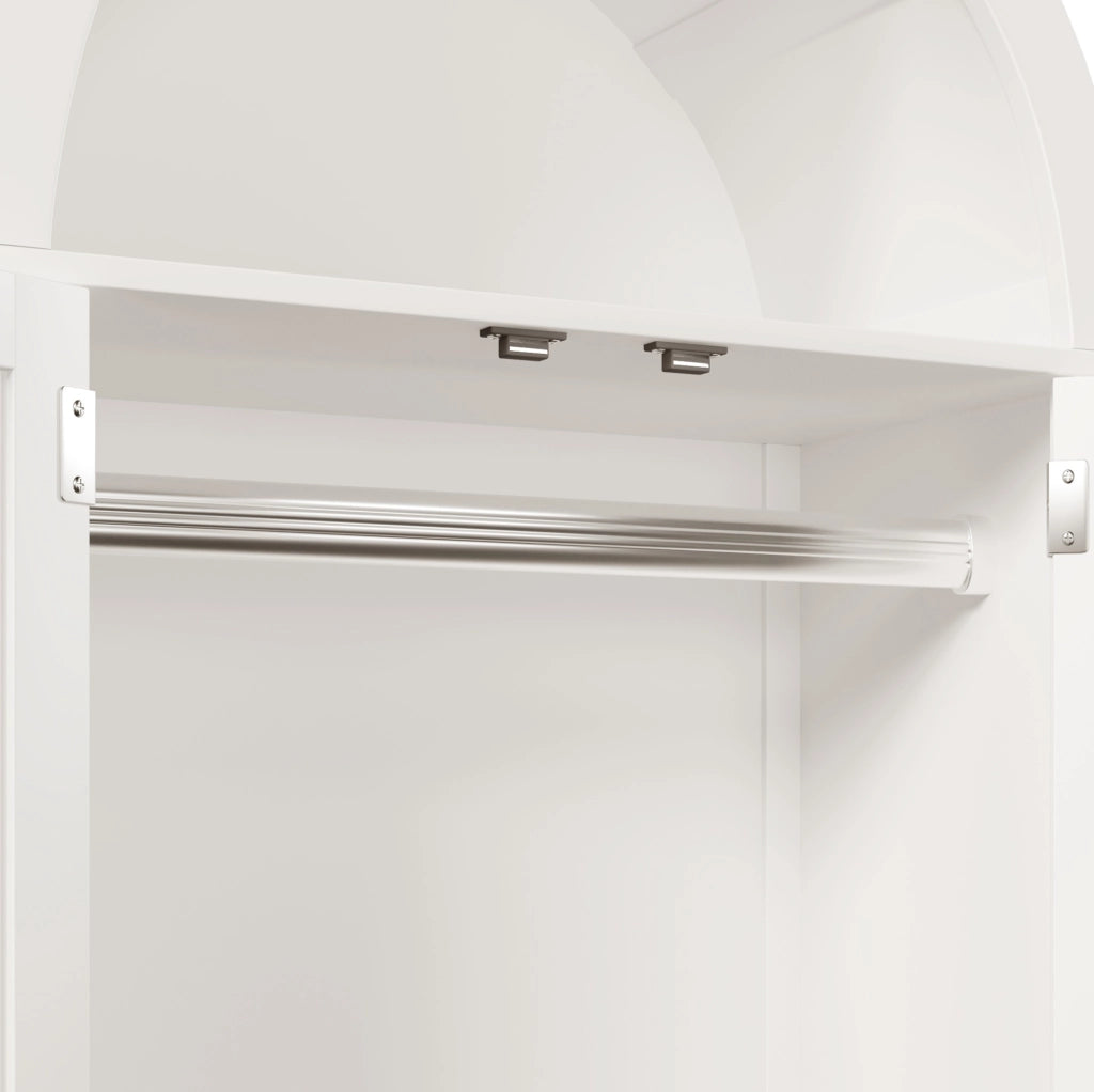 Armadio guardaroba 181x78x45 cm in MDF bianco con intreccio in rattan, 2 ante con chiusura magnetica, 2 cassetti, barra appendiabiti e apertura a mezzaluna