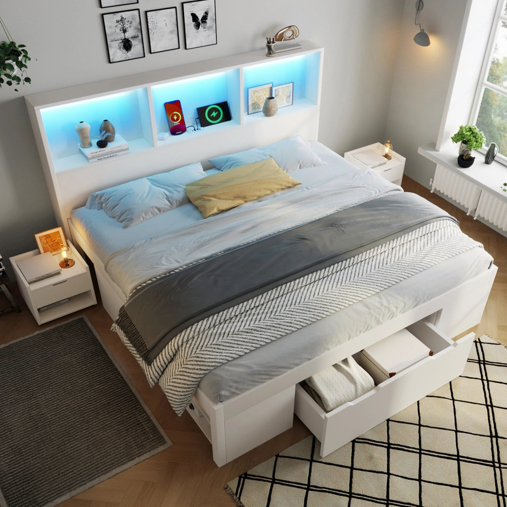 Letto matrimoniale 140 × 190 cm con comodini mobili in legno bianco LED USB Type-C cassetto e ripiani