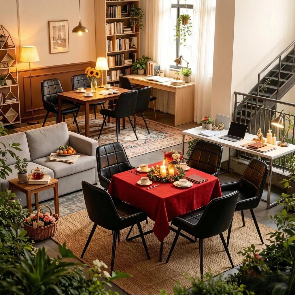 Sedia da Pranzo Set da 4 con Schienale Ergonomico e Piedini Regolabili, in Similpelle Nera