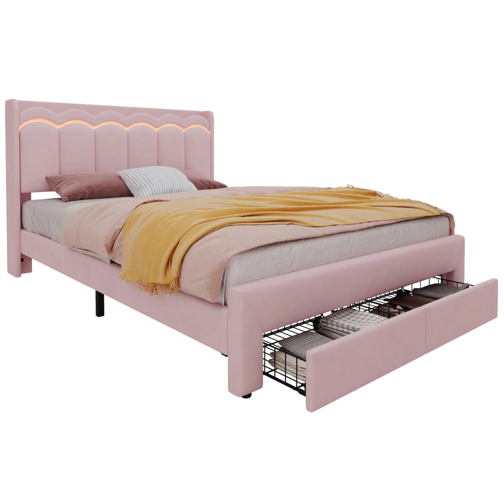 Letto imbottito per bambini 140x200 cm rosa con 2 cassetti, testata ondulata e illuminazione LED controllata via app