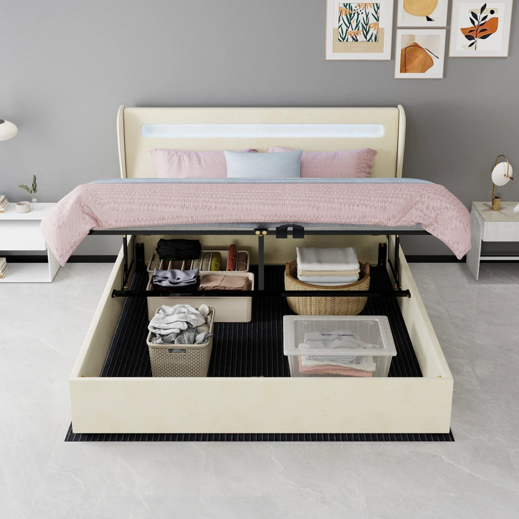 Letto matrimoniale 160 × 200 cm 2 posti con LED regolabile e testiera regolabile, senza materasso, beige