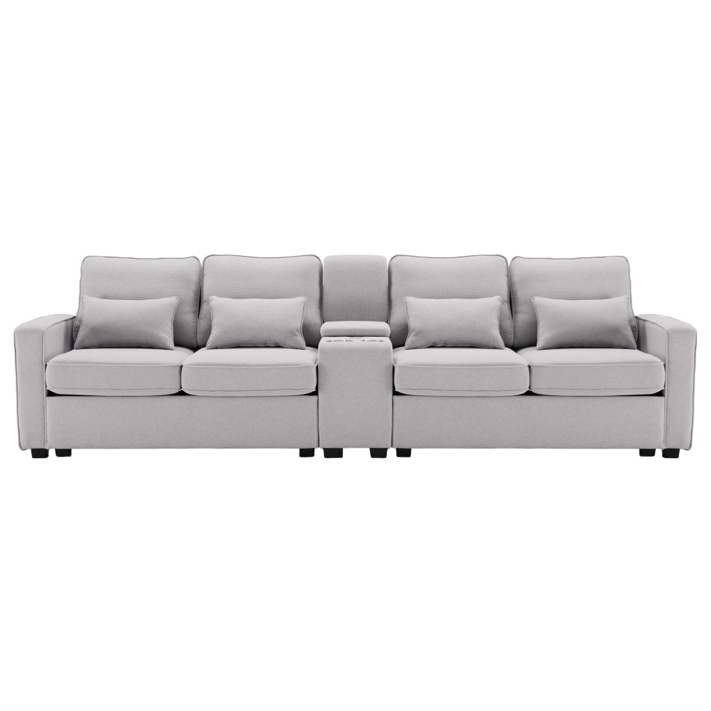 Divano 4 posti 290x83x88 cm con console, porta USB e portabicchieri in tessuto grigio effetto lino