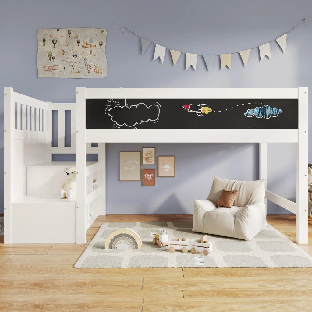 Letto rialzato per bambini bianco con lavagna 90 x 200 cm