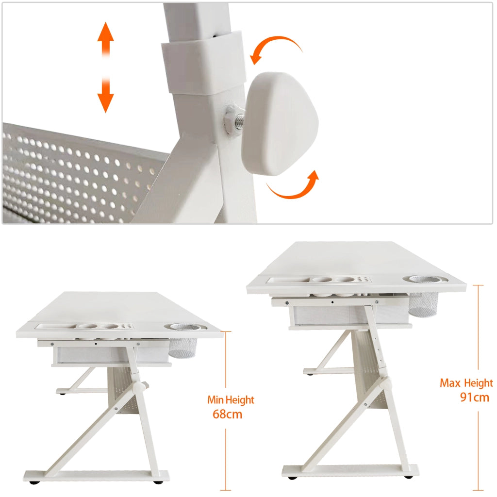 Tavolo da disegno regolabile con 2 cassetti per home office e scuola, con sgabello (tutto bianco)