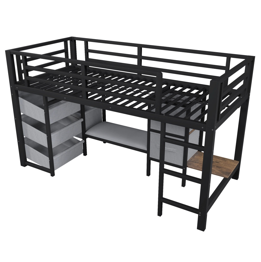 Letto singolo rialzato 90x200 cm in metallo nero con LED; contenitori e cuscino seduta HOMVRA