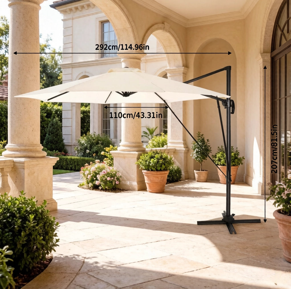 Ombrellone rotondo da balcone beige con base incrociata in metallo, 3 m di diametro, per giardino e terrazza