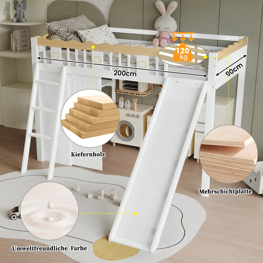 Letto a soppalco per bambini 90 × 200 cm con scivolo armadio e mobile contenitore in legno e MDF bianco naturale