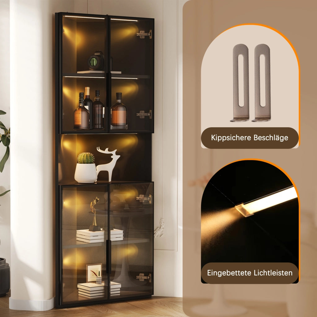 Vetrina angolare triangolare con ante in vetro temperato LED giallo caldo e vano aperto nera 62 × 32 × 160 cm