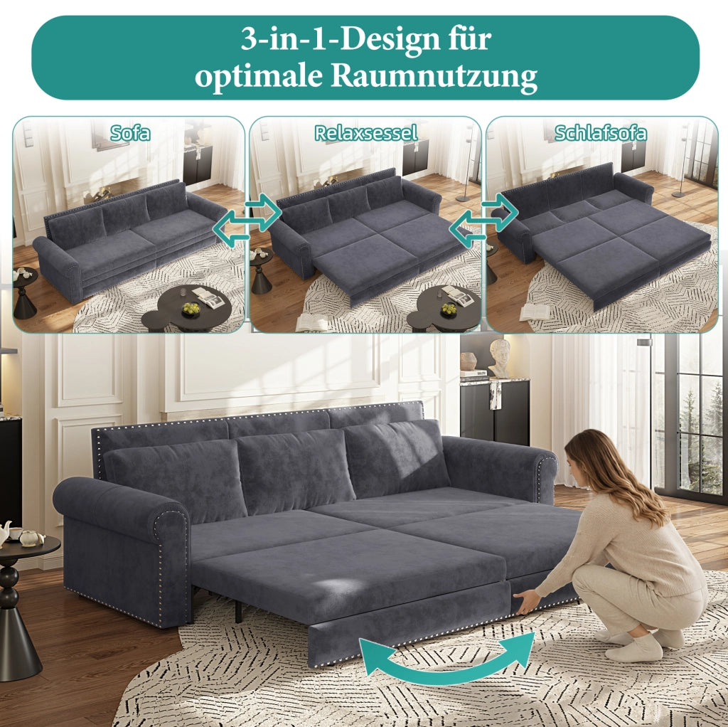 Divano letto estraibile ULEVR 238 cm 3 in 1 con schienali regolabili, velluto grigio e braccioli arrotondati