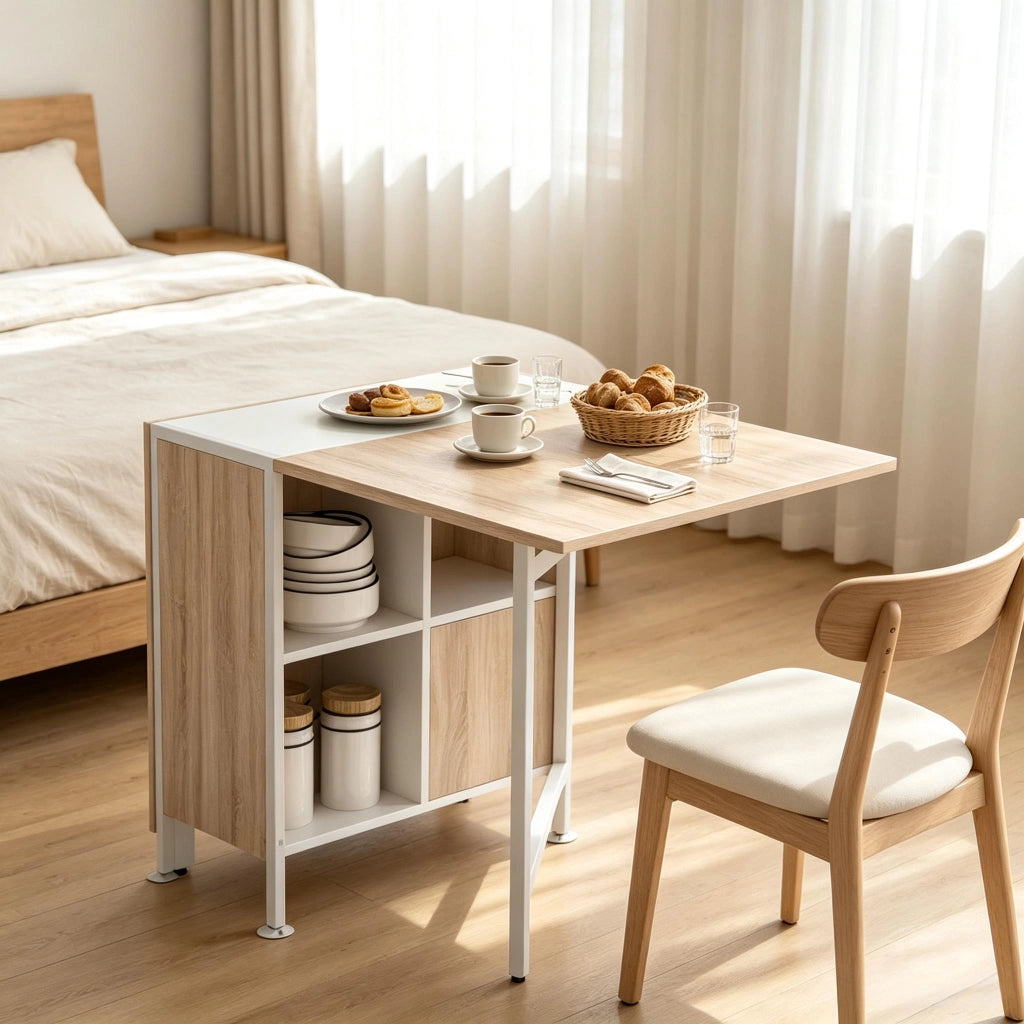 Tavolo allungabile con 4 vani - per cucina e soggiorno - in MDF e acciaio - bianco e rovere chiaro