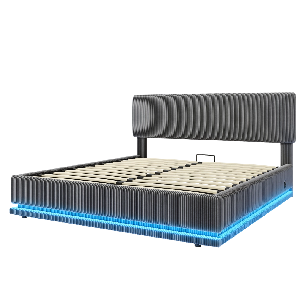 Letto contenitore 160 × 200 cm con testiera regolabile LED USB-C in tessuto a coste grigio scuro