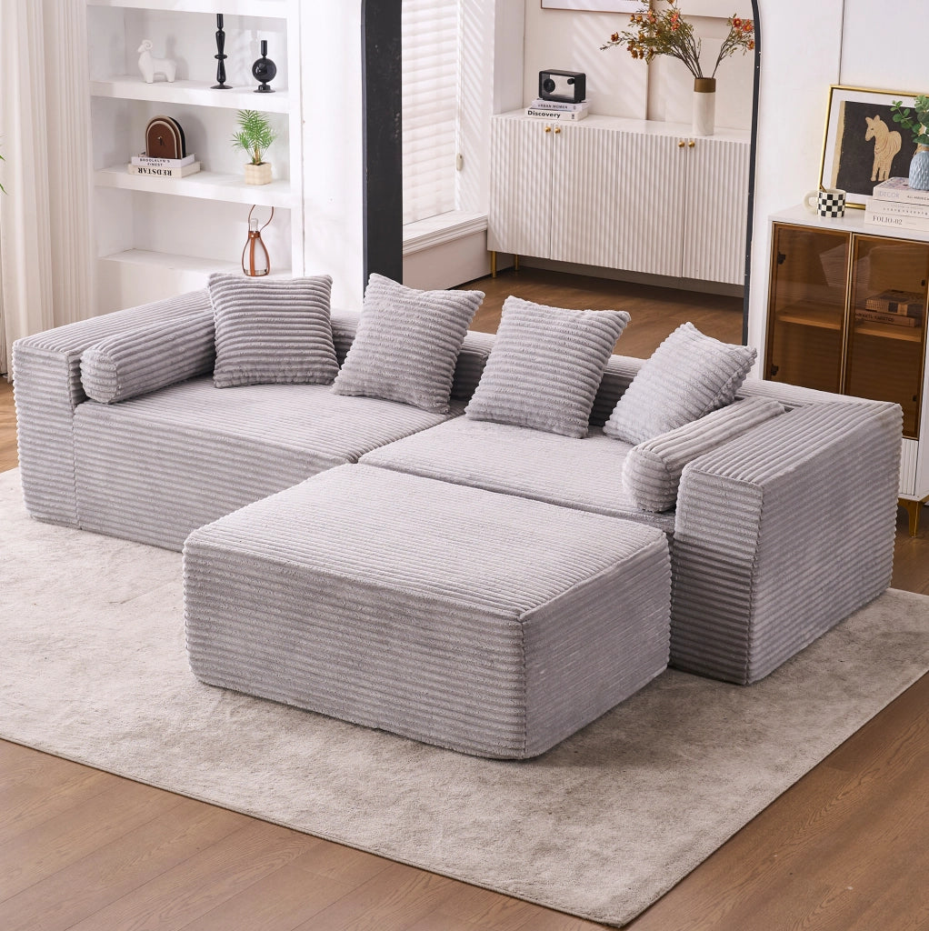 Divano componibile a L con chaise longue; 3 elementi indipendenti; grigio