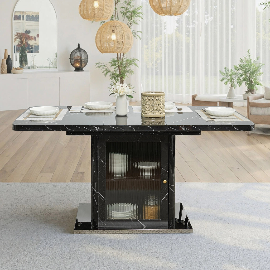 Tavolo da pranzo rettangolare allungabile 120-160x80 cm con mobile contenitore, nero marmo