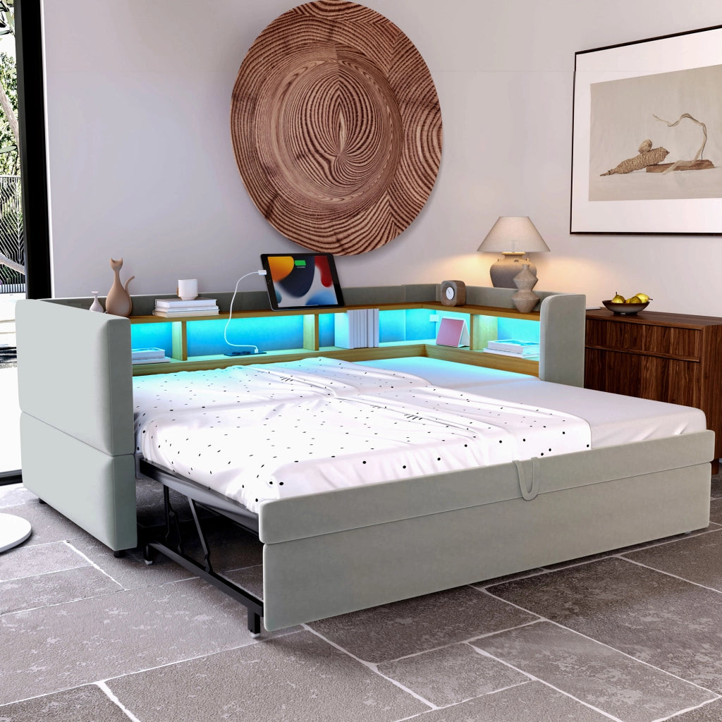 Divano letto 90/180 × 190 cm estraibile con LED prese e vani portaoggetti in flanella grigio chiaro