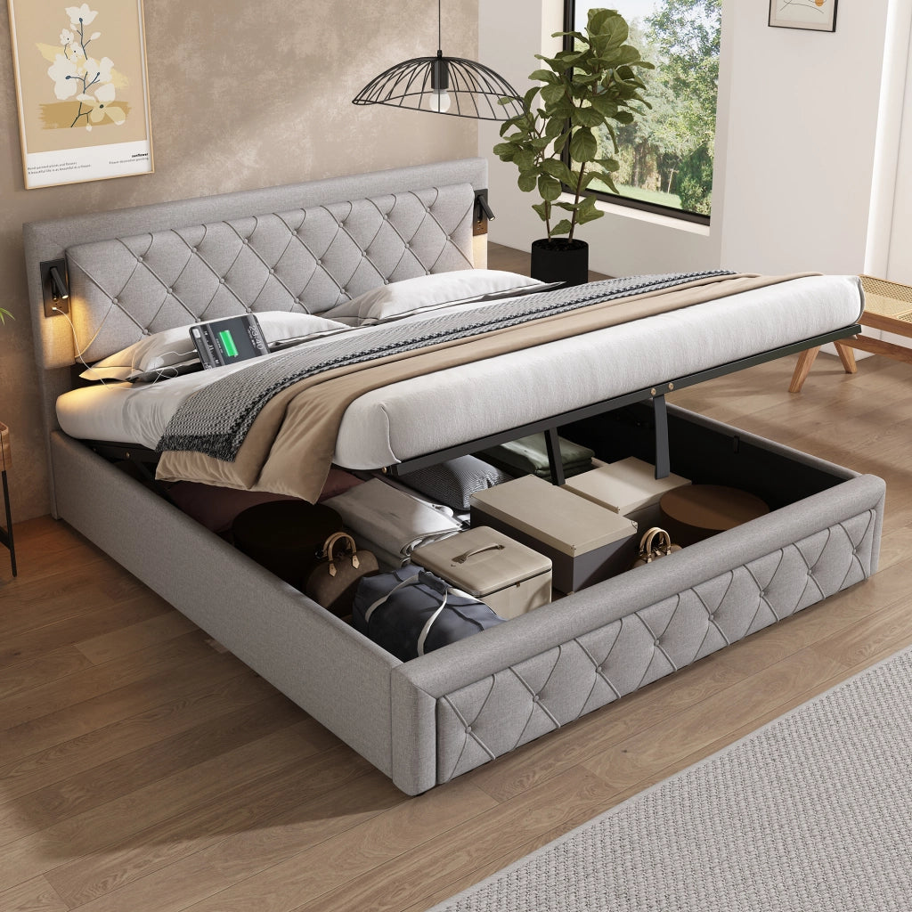 Letto contenitore idraulico imbottito in lino grigio con testiera trapuntata LED e porte USB