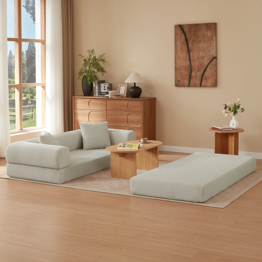Divano letto modulare trasformabile con funzione letto singolo e struttura stabile, in velluto beige