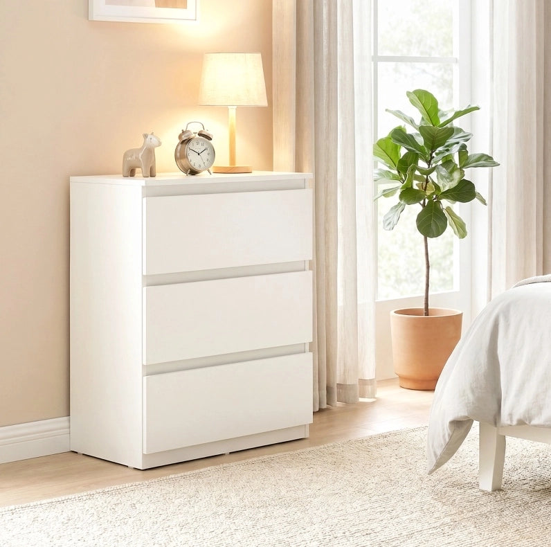 Comò bianco con 3 cassetti senza maniglie, mobile moderno per camera da letto 75x55x34 cm
