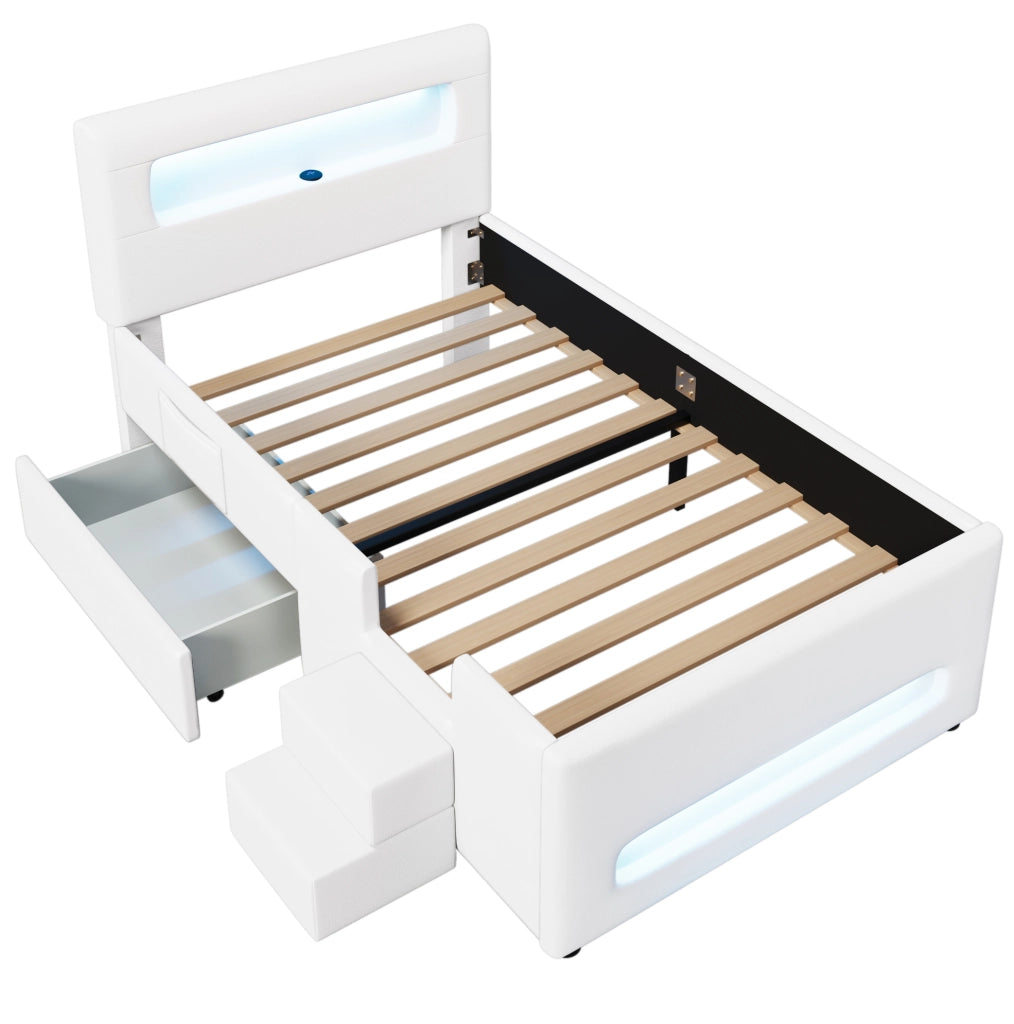 Letto piattaforma imbottito 90x200 cm bianco con cassetti, LED, USB e scaletta