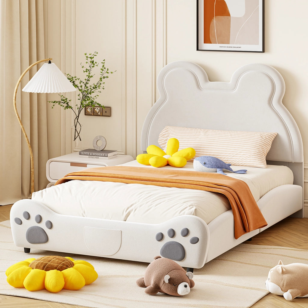 Letto per Bambini 140x200 cm; Con Testiera a Orso; in Tessuto Imbottito; Bianco
