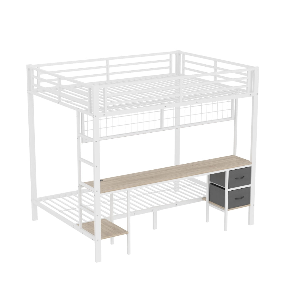 Letto a soppalco 140x200 cm con scrivania, LED e USB in metallo e MDF bianco
