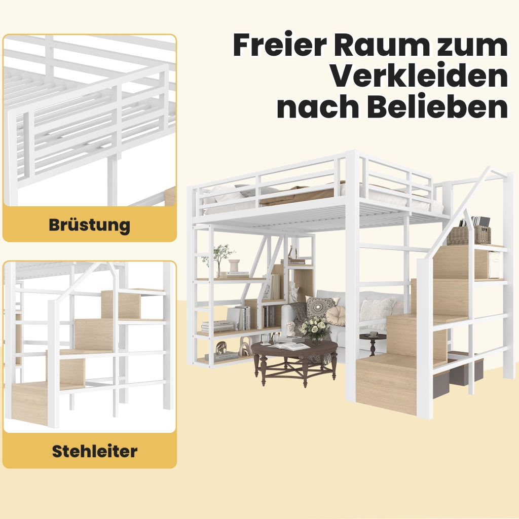 Letto a soppalco 140 × 200 cm con ripiani; scala con contenitore e LED multicolore in metallo e MDF bianco