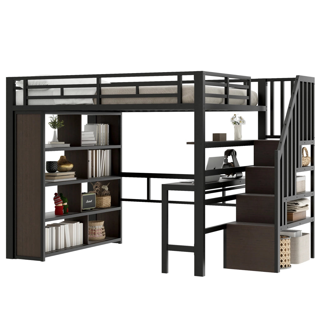 Letto a Soppalco 140x200 cm in metallo con Scrivania; LED Nero