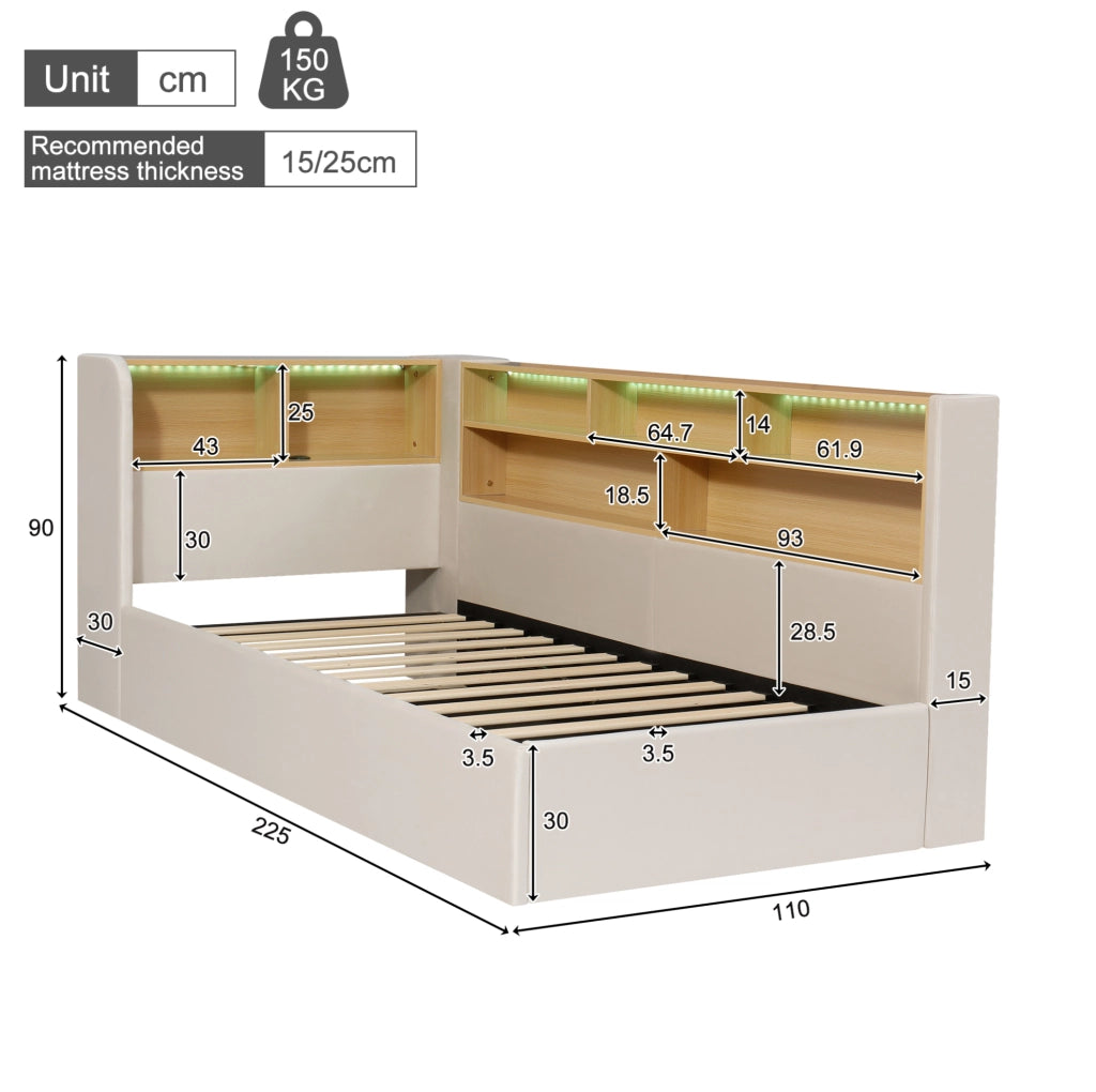 Daybett in velluto beige 90x200 cm con contenitore idraulico, luce LED e porta USB