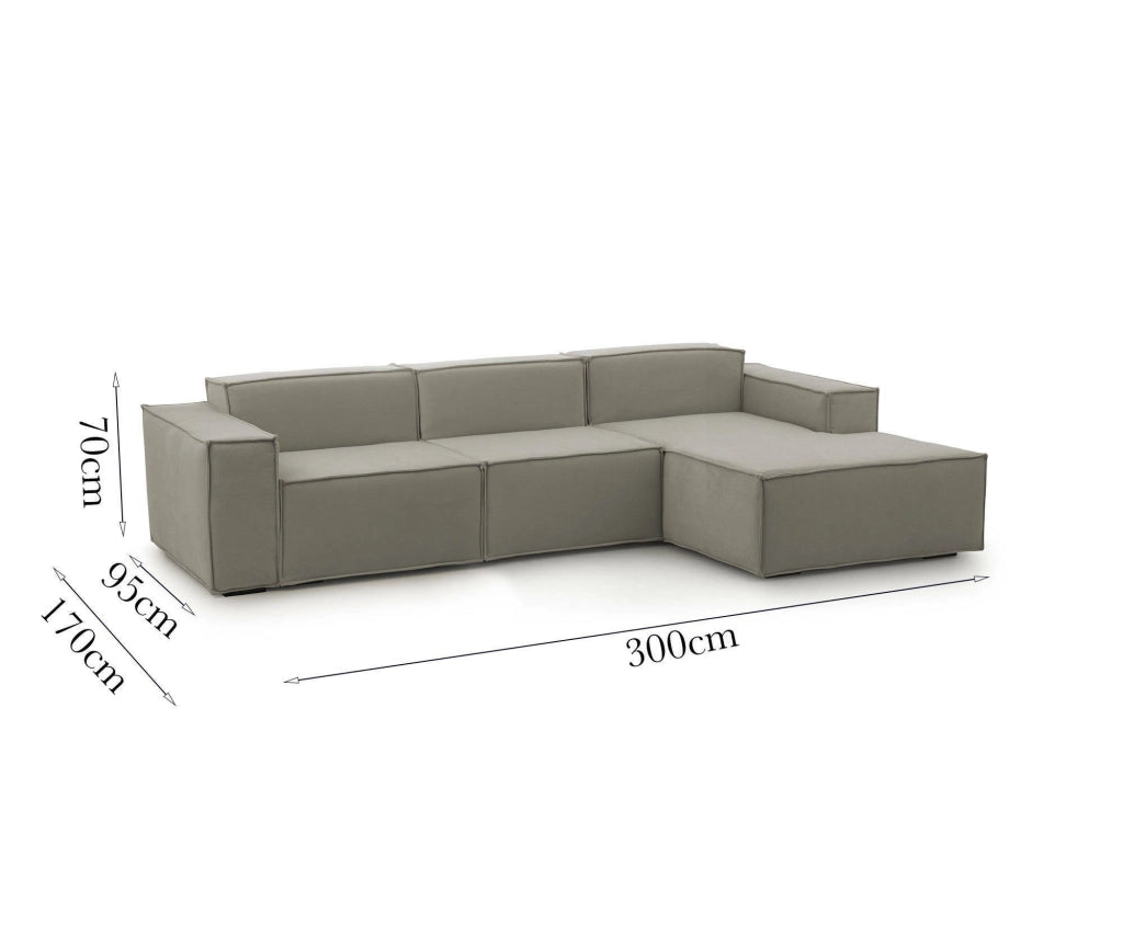 Divano fisso Ananas, Divano componibile a 3 posti con penisola destra, Made in Italy, Sofà\  moderno in tessuto, Cm 300x170h70, Tortora