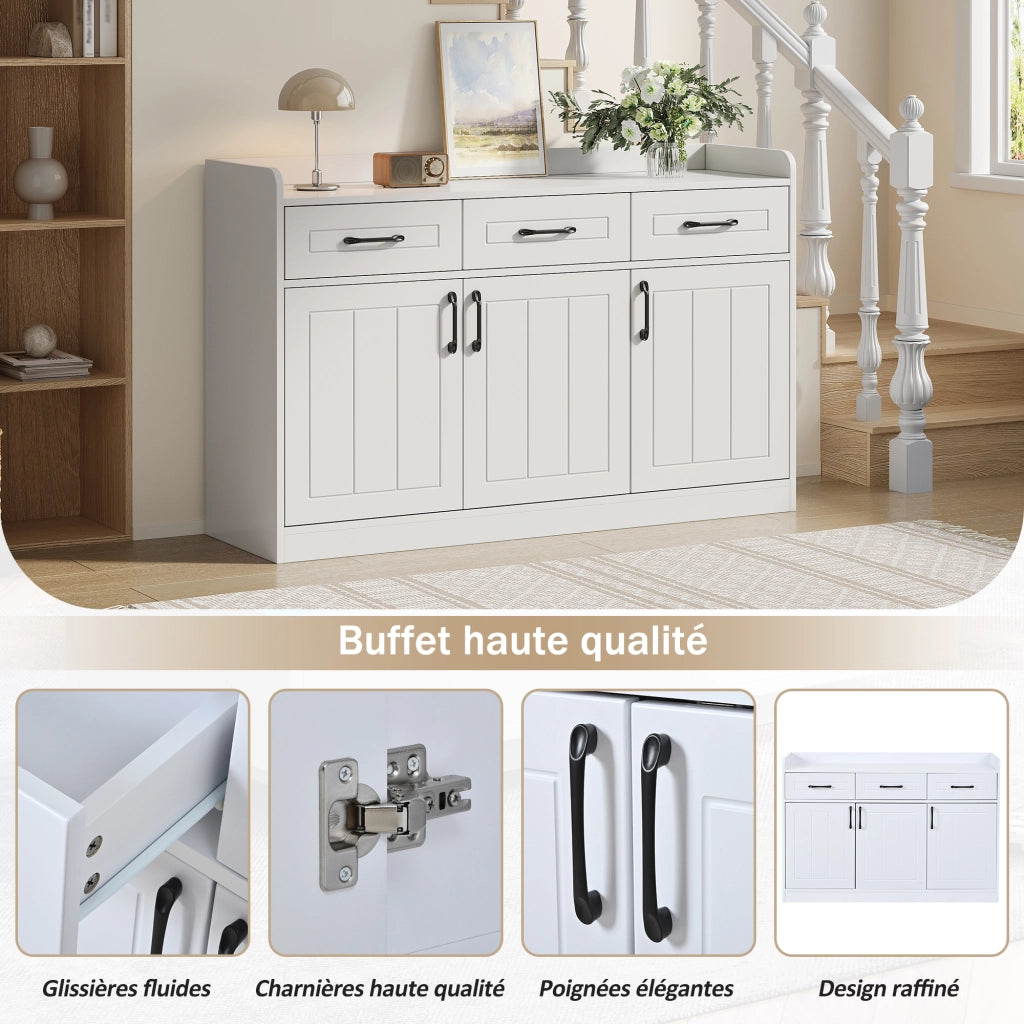Credenza e madia con 3 ante e 3 cassetti, ripiani regolabili, bianca per soggiorno e ingresso, 120 × 35 × 80 cm