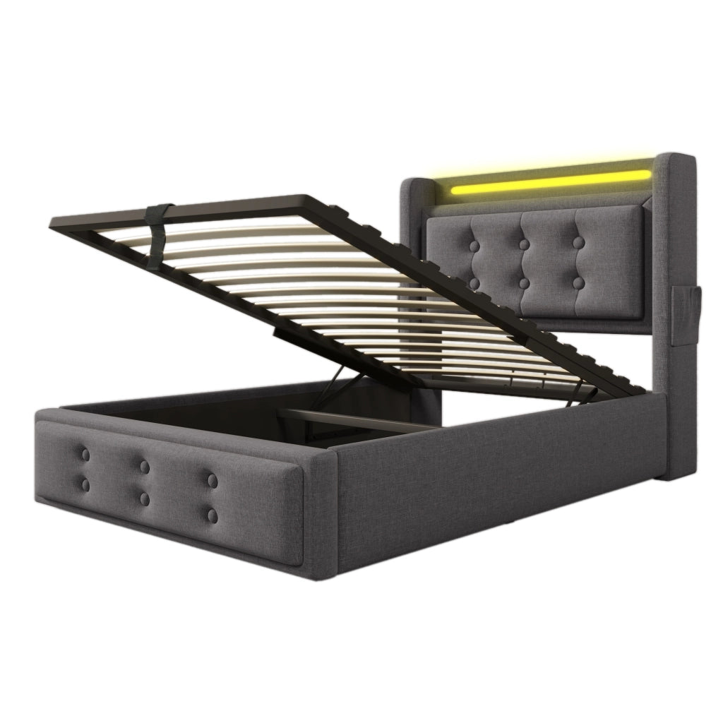Letto singolo 90x200 cm con materasso; testiera LED; prese USB e contenitore; grigio