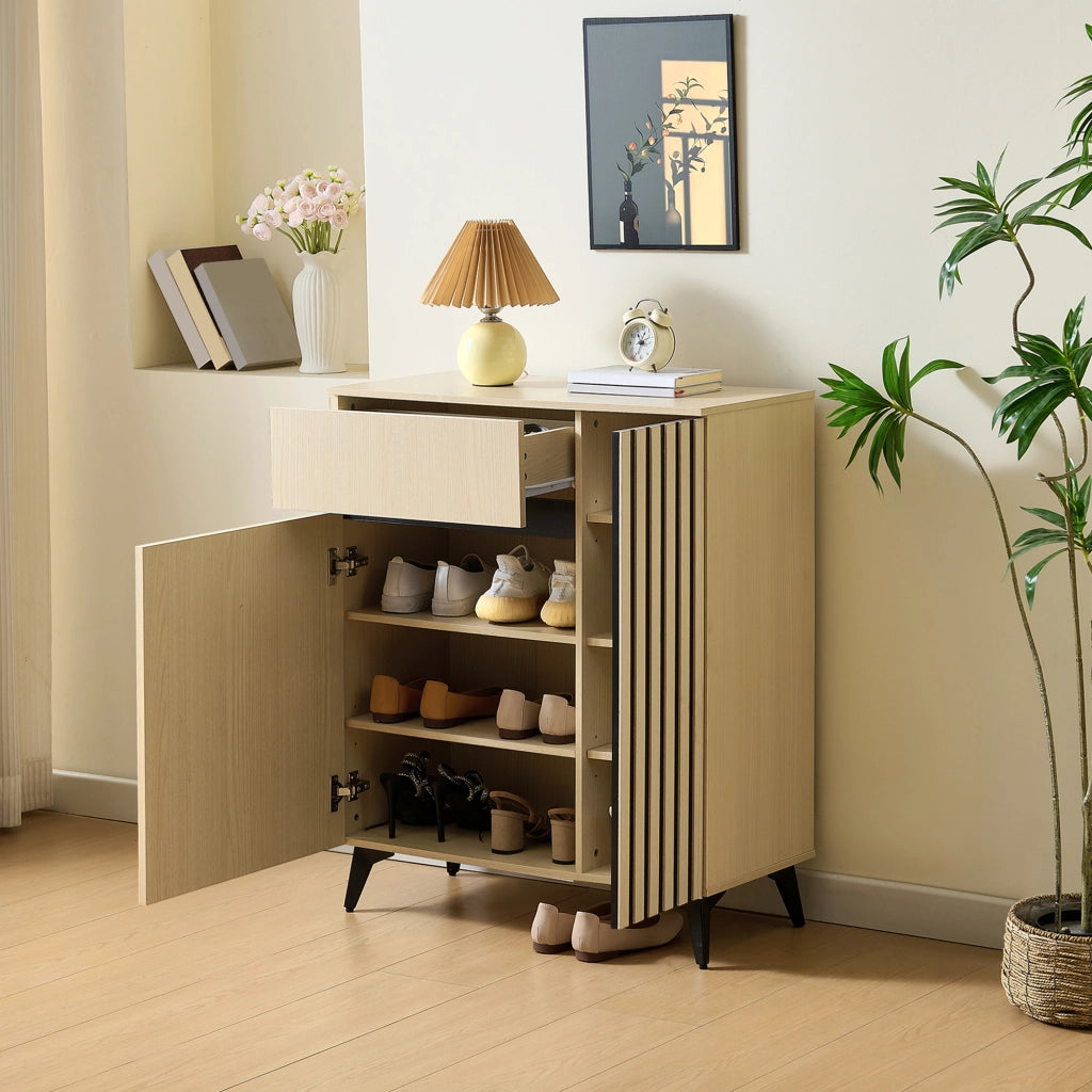 Scarpiera 2 ante e 1 cassetto in legno chiaro，mobiletto ingresso con ripiani regolabili，75x35x90 cm